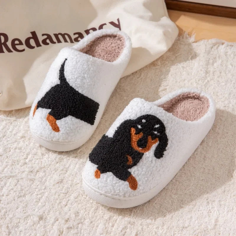 Dachshund Embroidered Thick-Soled Furry Indoor Slippers