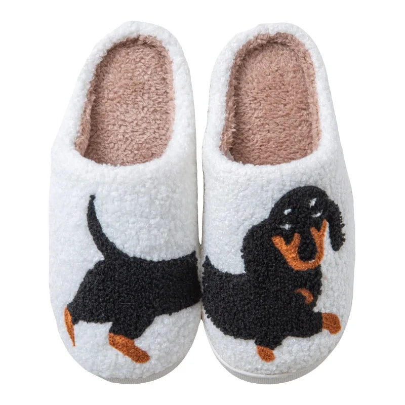 Dachshund Embroidered Thick-Soled Furry Indoor Slippers