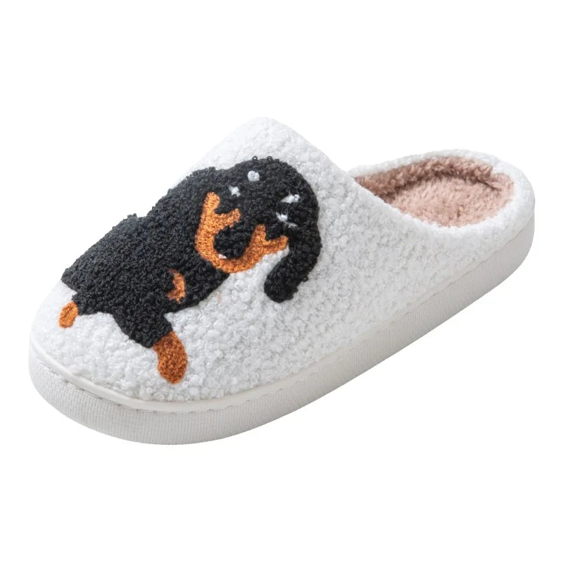 Dachshund Embroidered Thick-Soled Furry Indoor Slippers