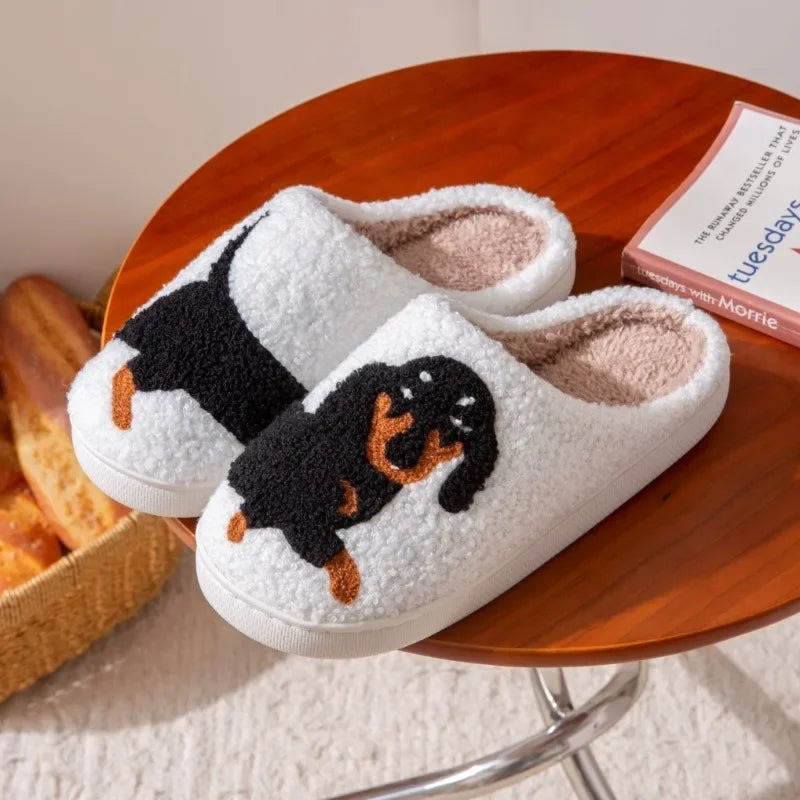 Dachshund Embroidered Thick-Soled Furry Indoor Slippers