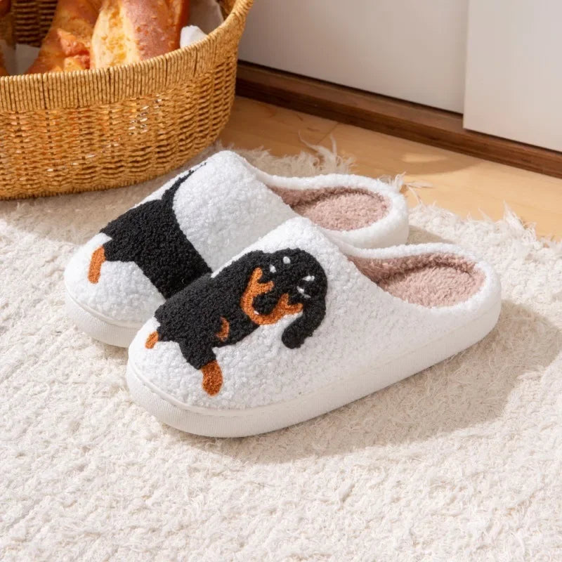 Dachshund Embroidered Thick-Soled Furry Indoor Slippers