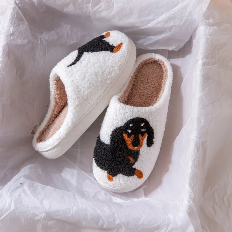 Dachshund Embroidered Thick-Soled Furry Indoor Slippers