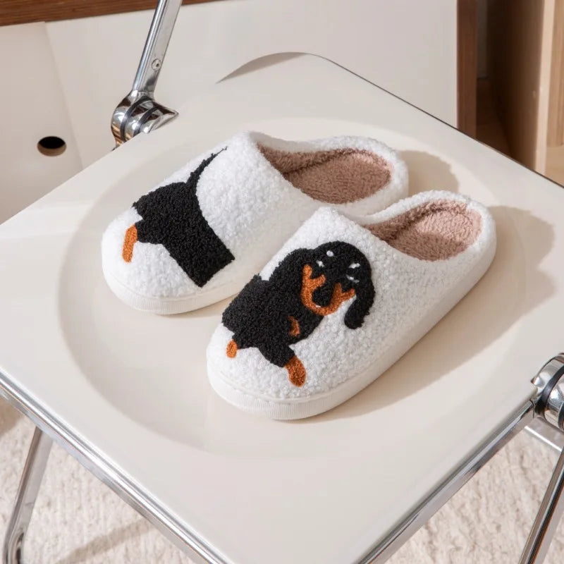 Dachshund Embroidered Thick-Soled Furry Indoor Slippers