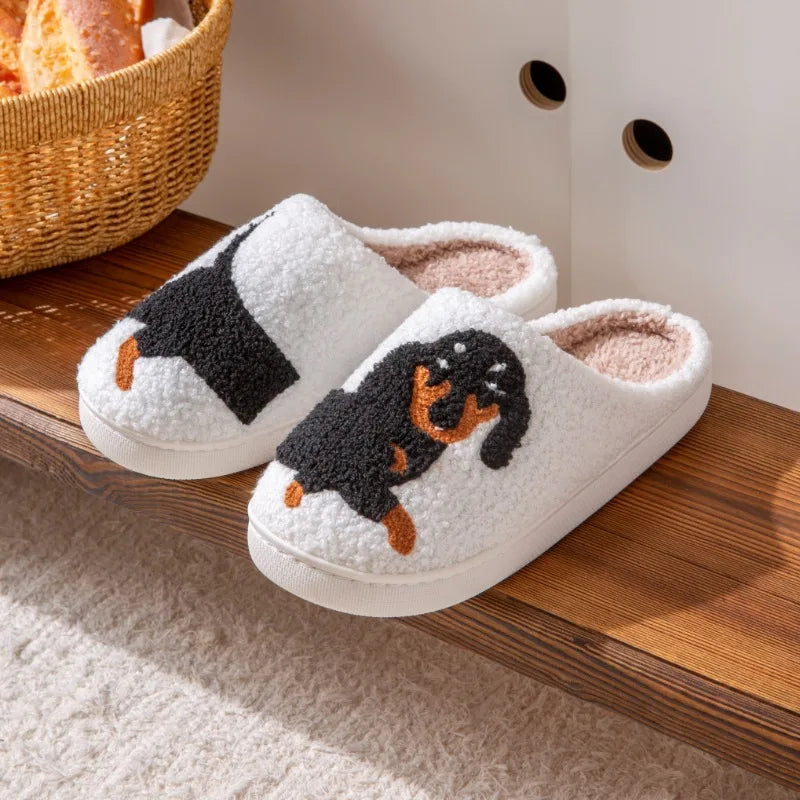 Dachshund Embroidered Thick-Soled Furry Indoor Slippers