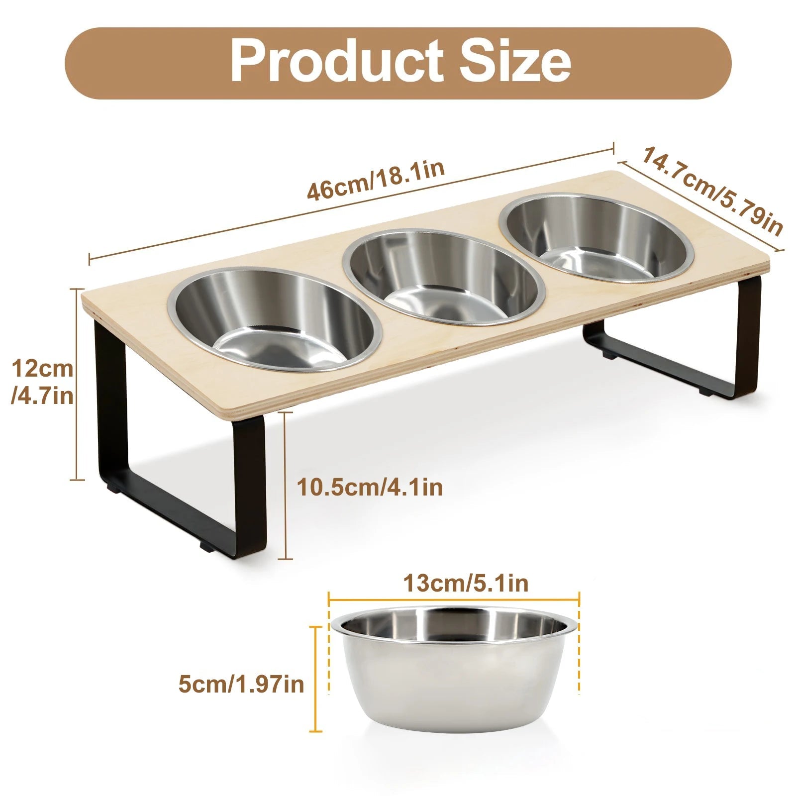 Elevated Tilted Pet Feeder with 3 Stainless Steel Bowls