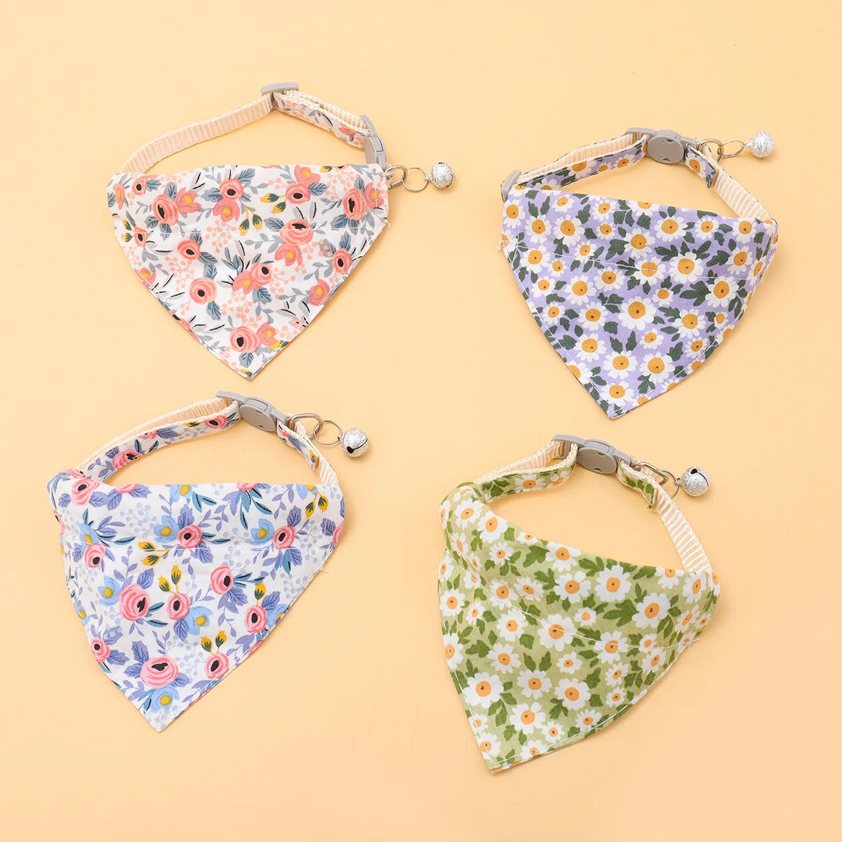 Floral Adjustable Pet Bandana Collar with Bell For Cats & Dogs
