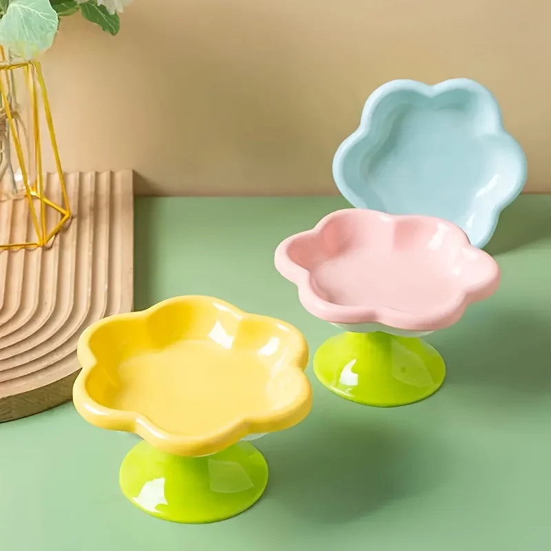 Flower-Shaped Elevated Ceramic Pet Bowl