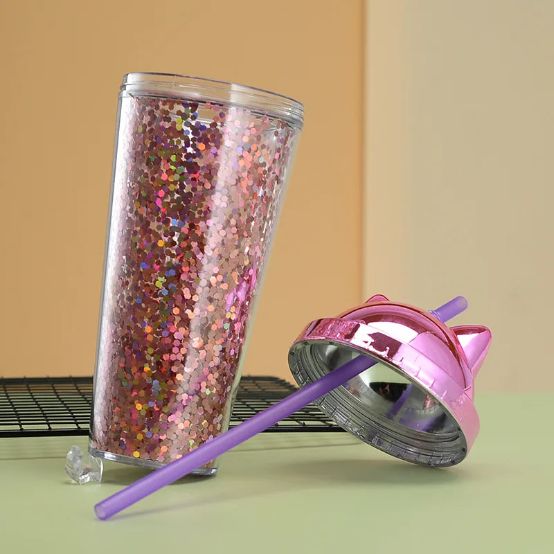 Glittery Creative Cat Ear Straw Cup with Electroplated Lid