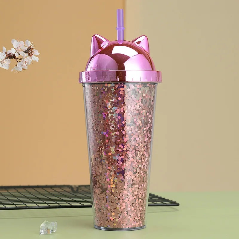 Glittery Creative Cat Ear Straw Cup with Electroplated Lid
