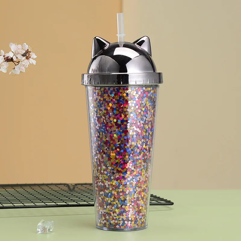 Glittery Creative Cat Ear Straw Cup with Electroplated Lid
