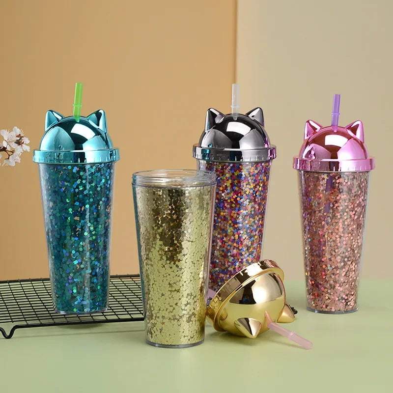 Glittery Creative Cat Ear Straw Cup with Electroplated Lid