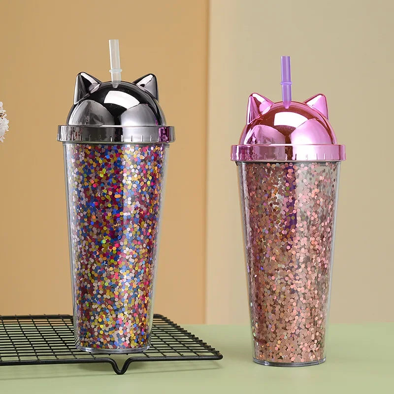 Glittery Creative Cat Ear Straw Cup with Electroplated Lid