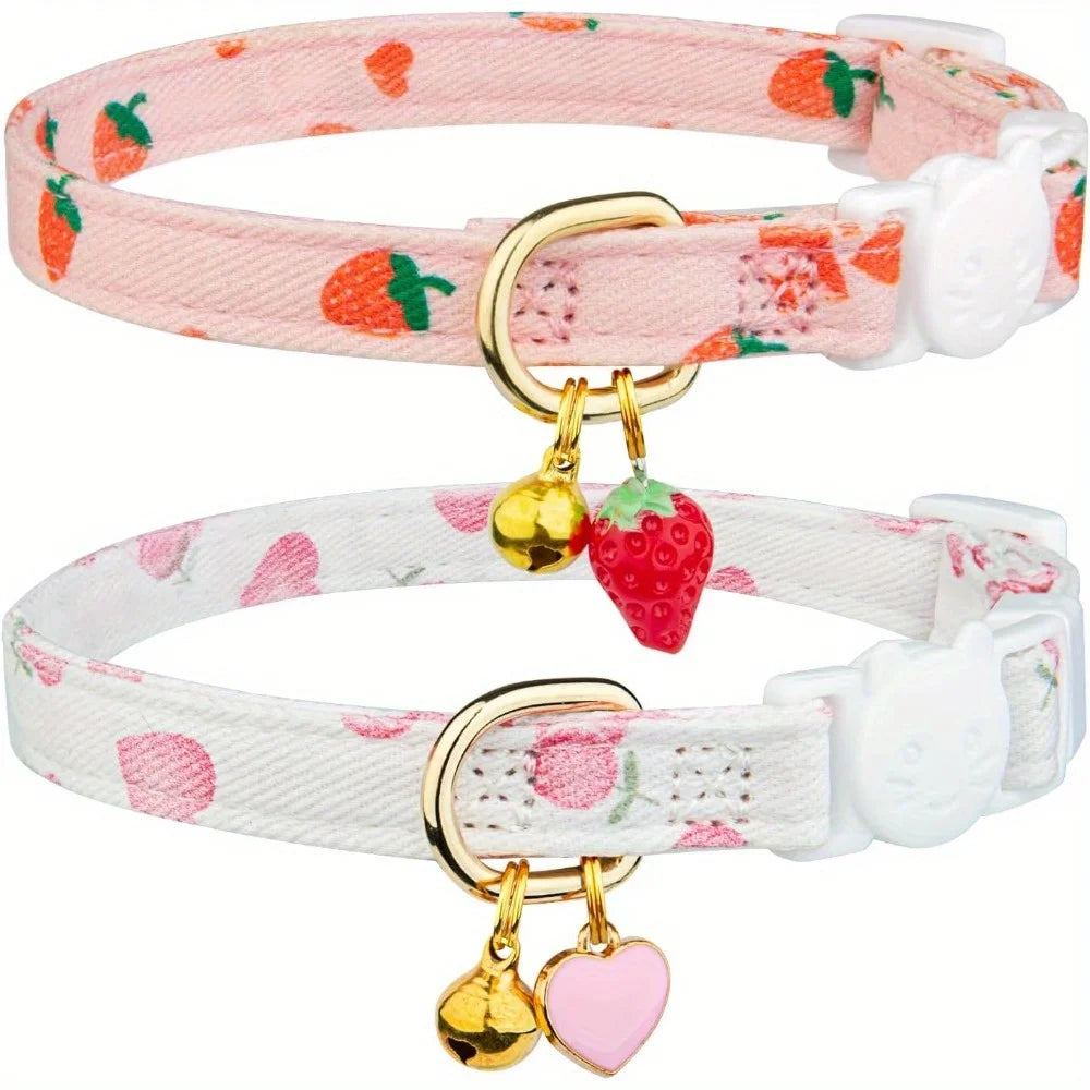 Handmade Cotton Strawberry & Heart Breakaway Cat Collar Duo