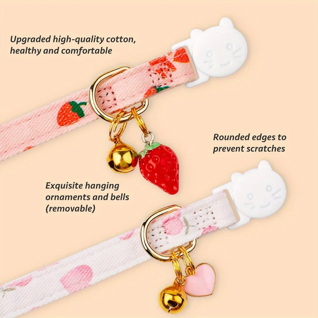 Handmade Cotton Strawberry & Heart Breakaway Cat Collar Duo