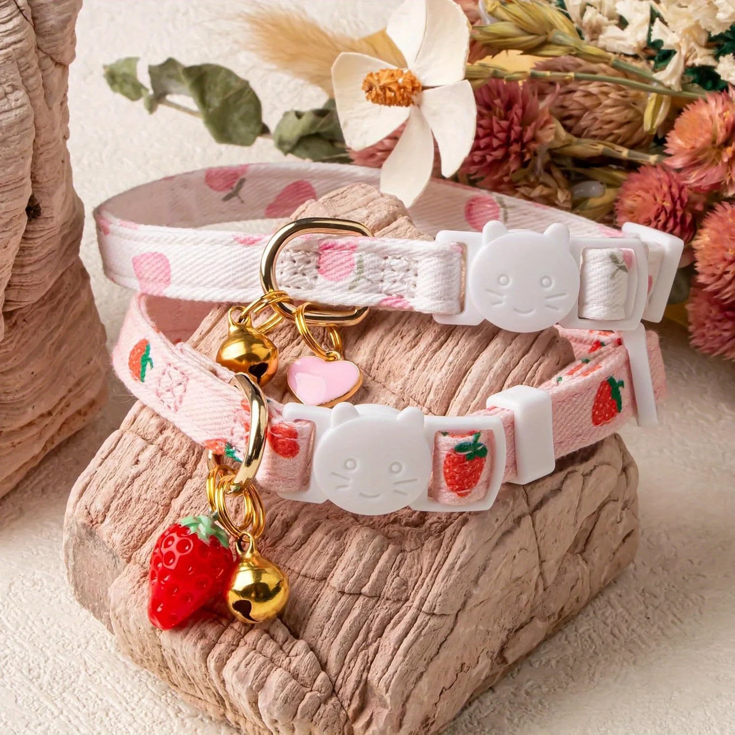 Handmade Cotton Strawberry & Heart Breakaway Cat Collar Duo