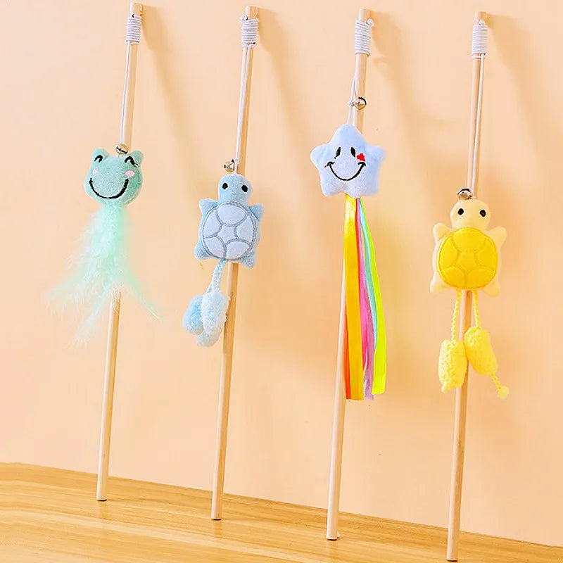 Interactive Feather Wood Handle Tassel Stick with Bell
