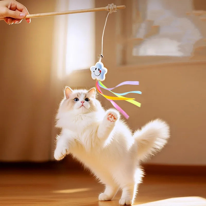 Interactive Feather Wood Handle Tassel Stick with Bell