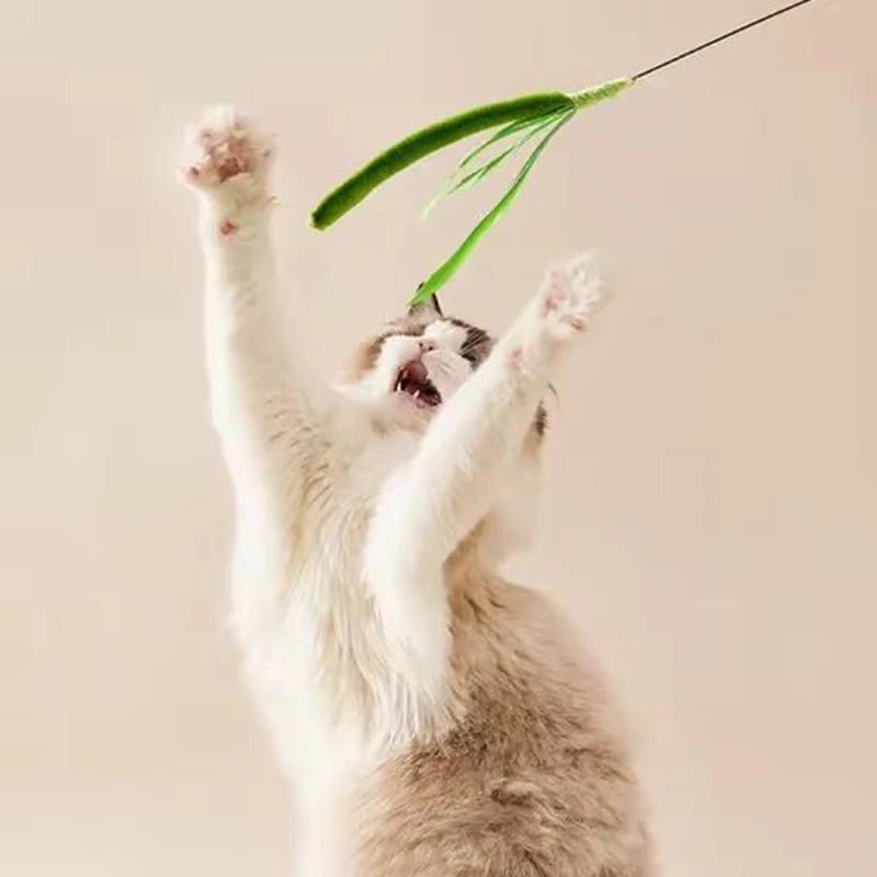 Interactive Flexible Wire Feather Cat Teaser Wand with Tail Grass
