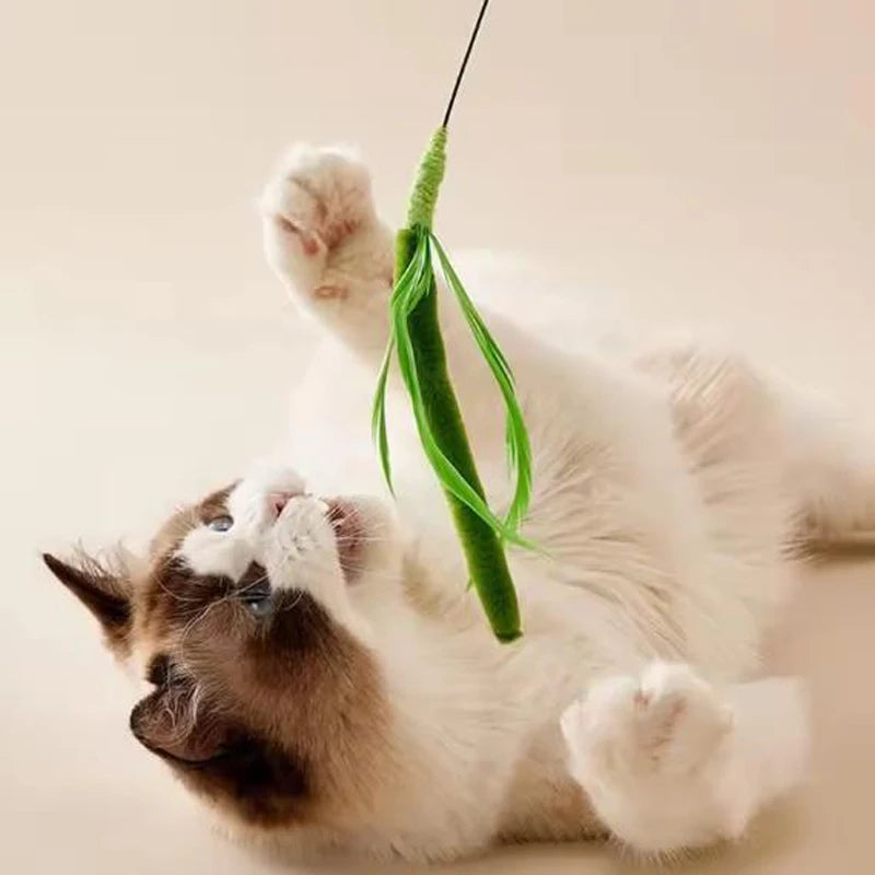Interactive Flexible Wire Feather Cat Teaser Wand with Tail Grass