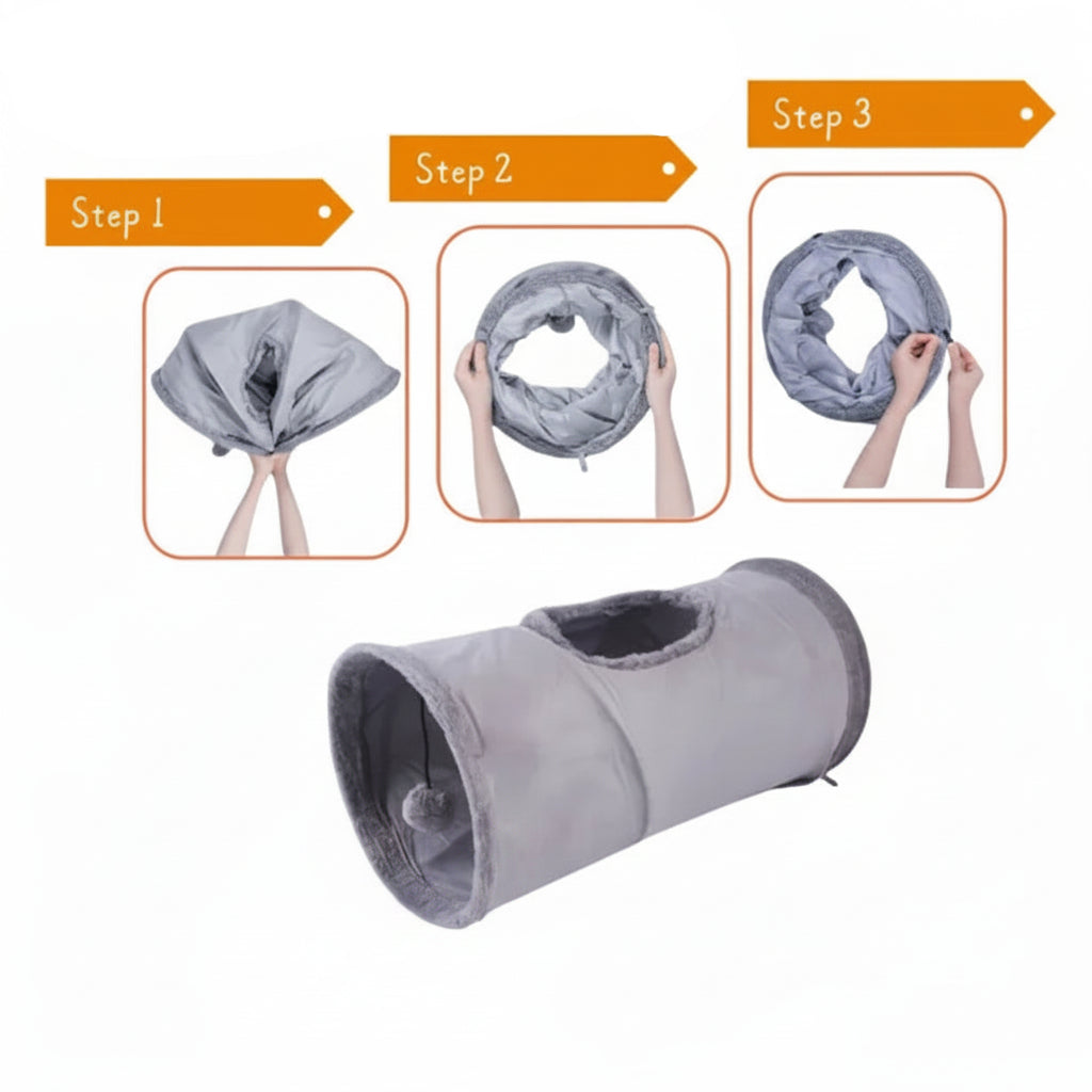 Interactive Plush Pet Tunnel with Dangling Pom Pom