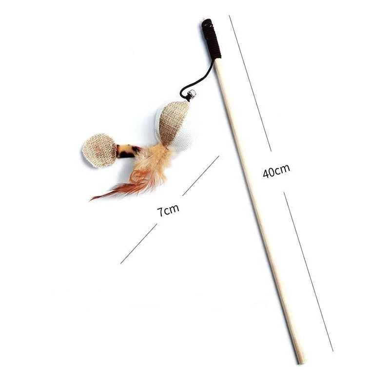 Interactive Wooden Feather Teaser Wand for Cats