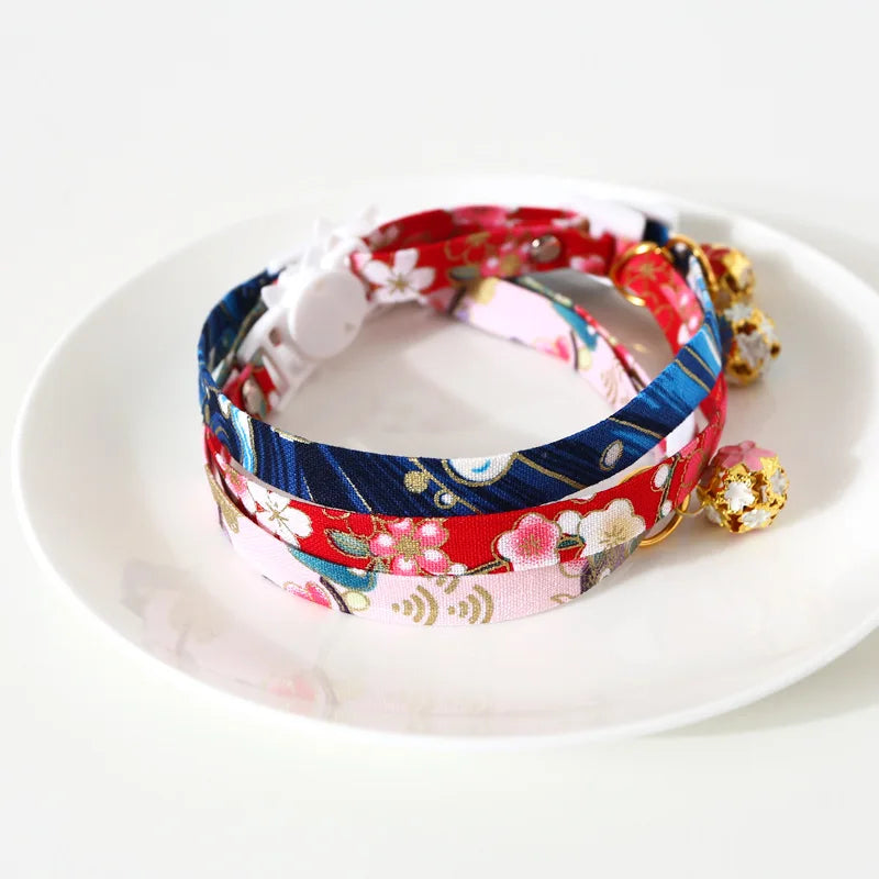 Japanese Style Floral Cat Collar with Bell