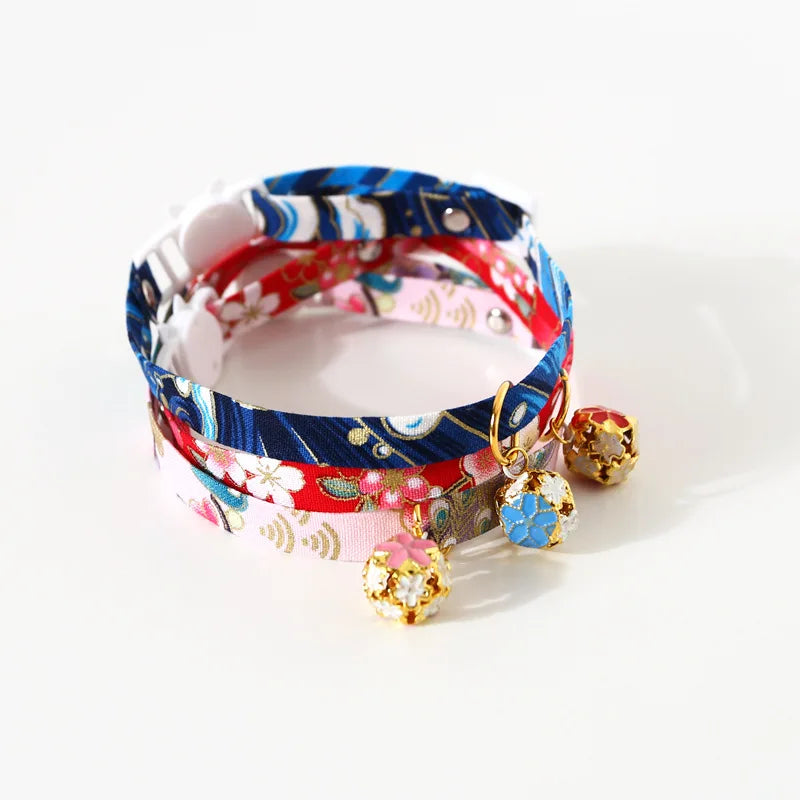 Japanese Style Floral Cat Collar with Bell
