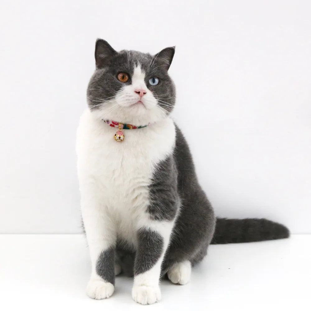 Japanese Style Floral Cat Collar with Bell