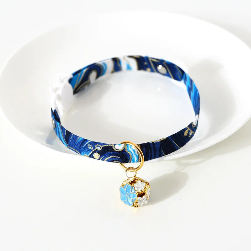 Japanese Style Floral Cat Collar with Bell