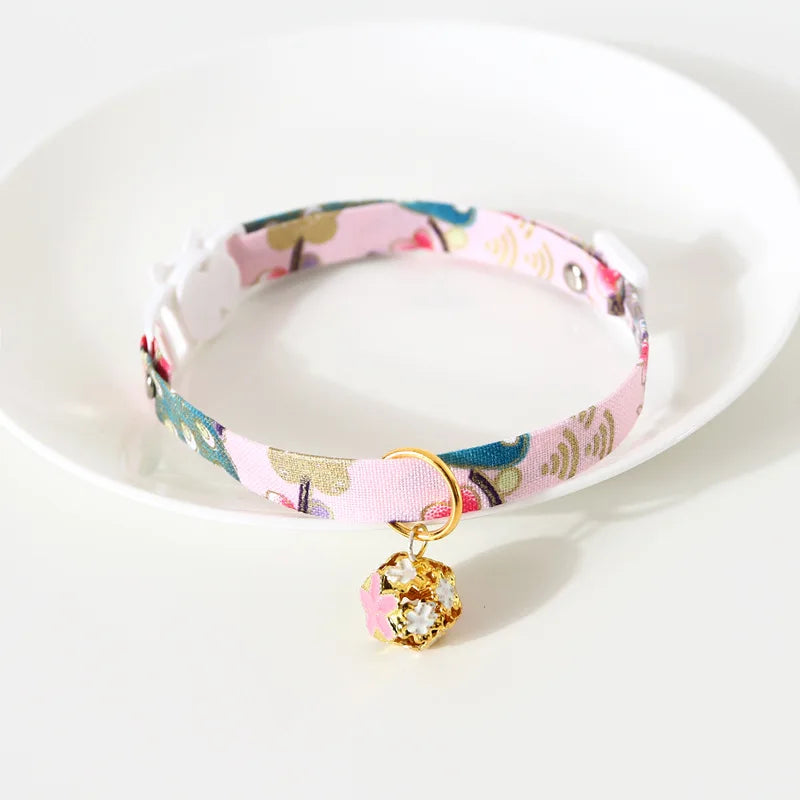 Japanese Style Floral Cat Collar with Bell