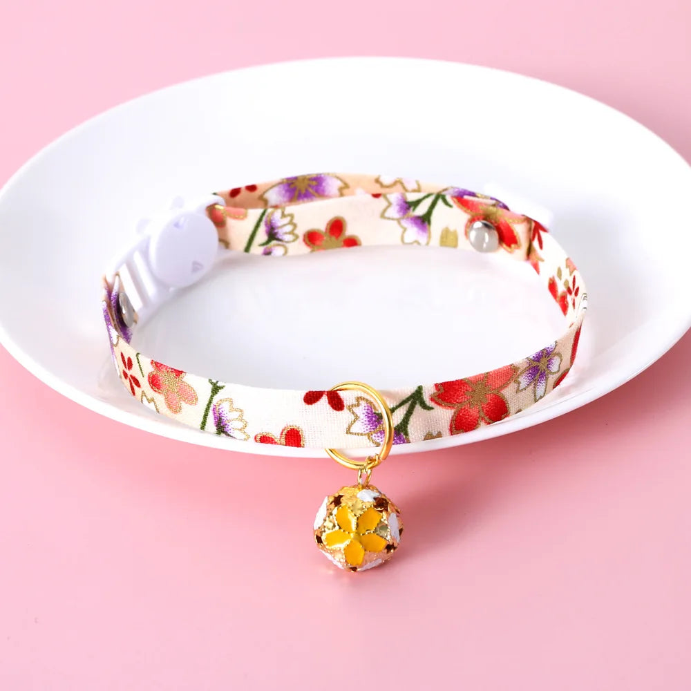 Japanese Style Floral Cat Collar with Bell
