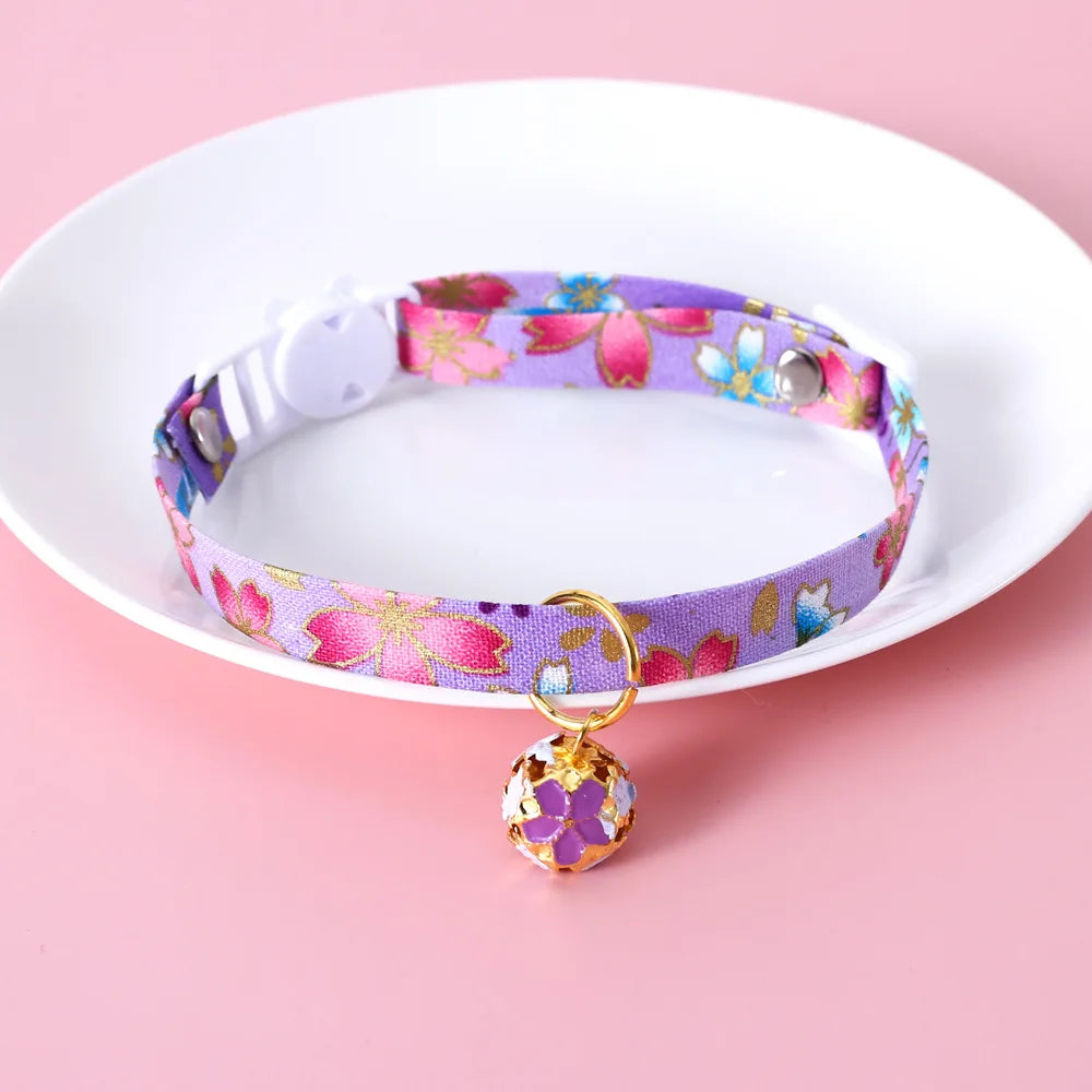 Japanese Style Floral Cat Collar with Bell