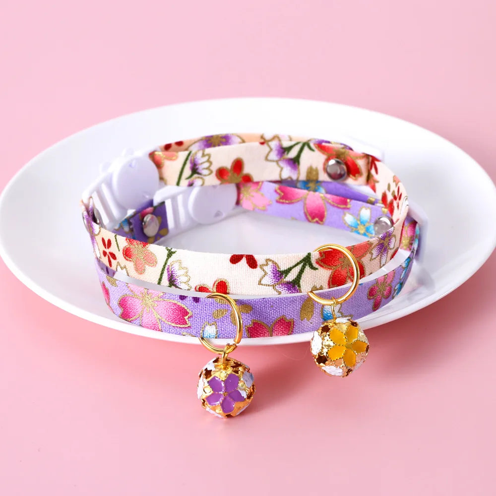 Japanese Style Floral Cat Collar with Bell