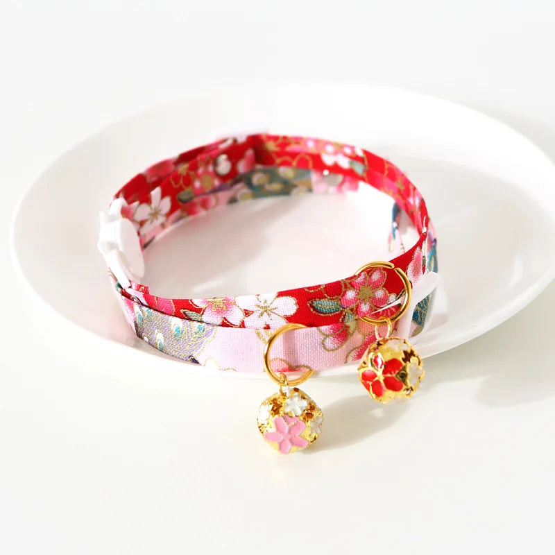 Japanese Style Floral Cat Collar with Bell