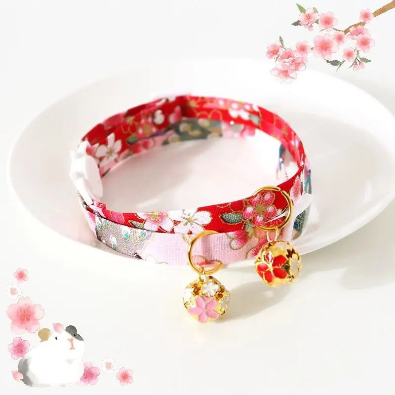 Japanese Style Floral Cat Collar with Bell