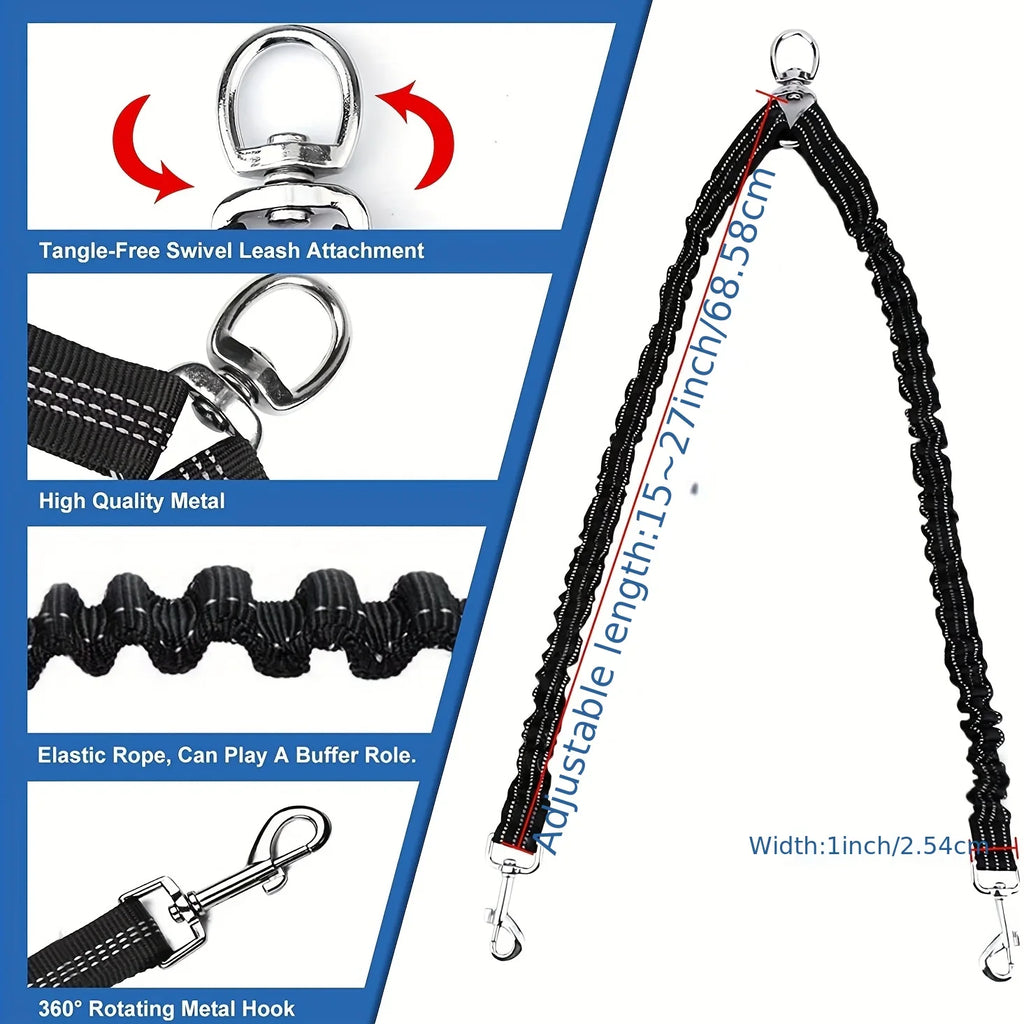 No-Tangle Double Dog Leash Coupler with Reflective Bungee