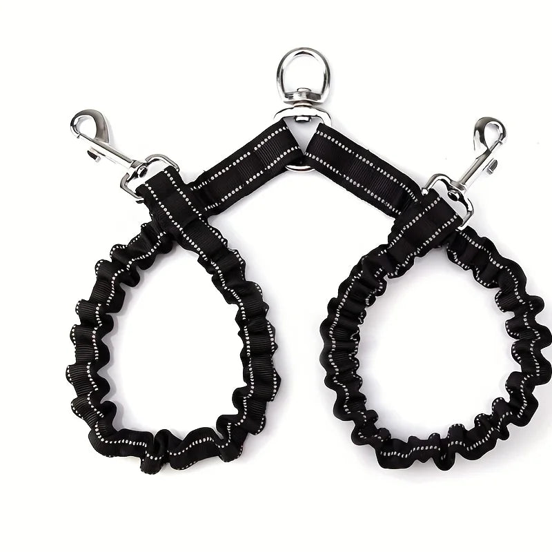 No-Tangle Double Dog Leash Coupler with Reflective Bungee