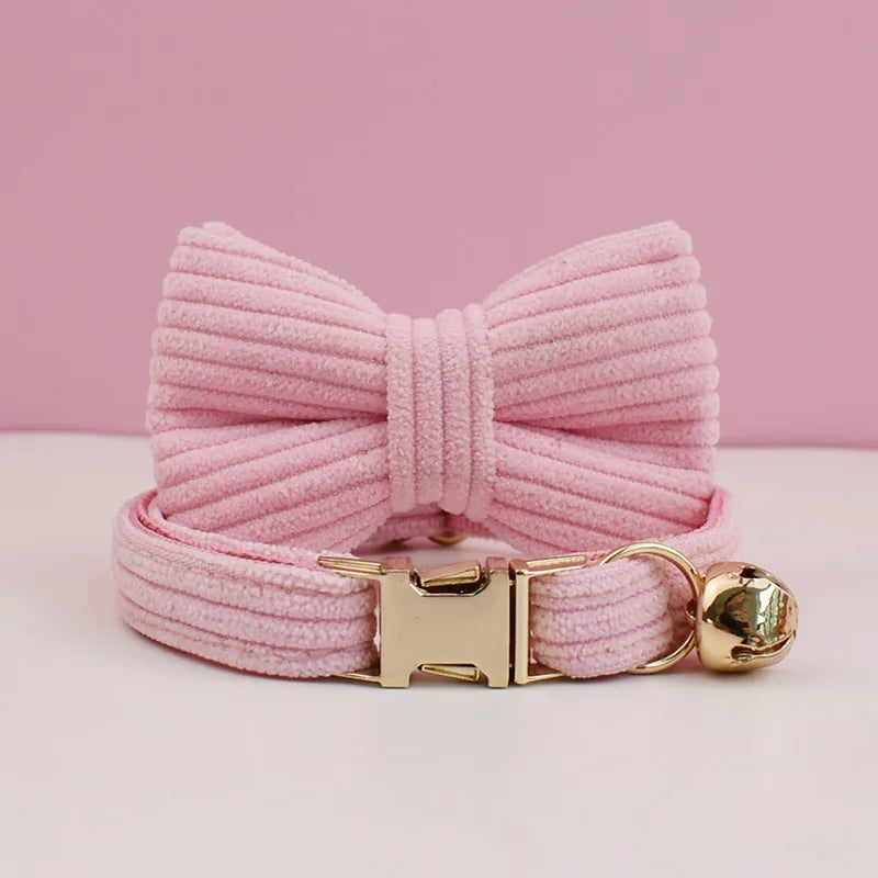 Personalized Corduroy Pet Collar with Bell & Bow Tie
