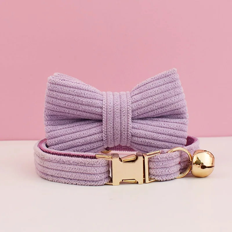 Personalized Corduroy Pet Collar with Bell & Bow Tie