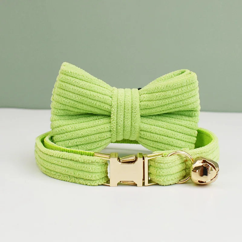 Personalized Corduroy Pet Collar with Bell & Bow Tie
