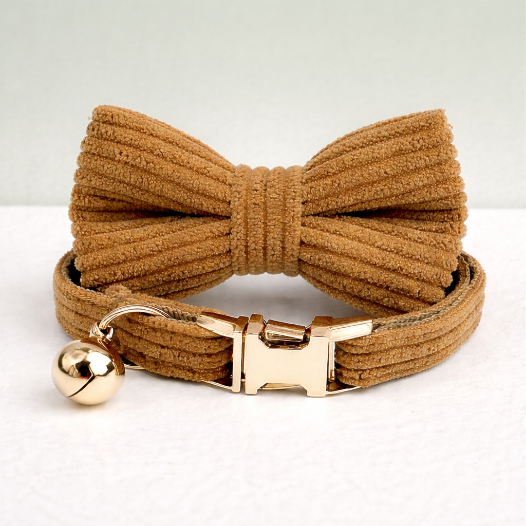Personalized Corduroy Pet Collar with Bell & Bow Tie