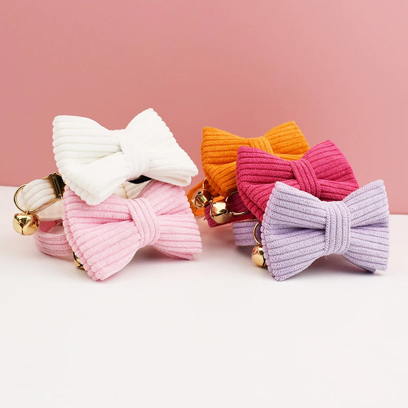 Personalized Corduroy Pet Collar with Bell & Bow Tie