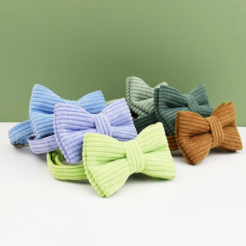 Personalized Corduroy Pet Collar with Bell & Bow Tie
