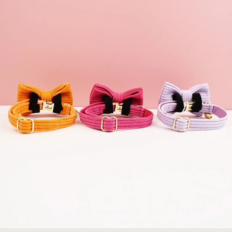 Personalized Corduroy Pet Collar with Bell & Bow Tie