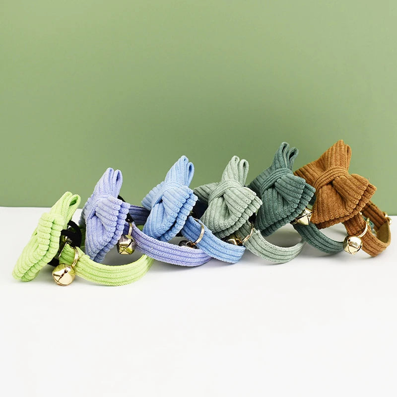 Personalized Corduroy Pet Collar with Bell & Bow Tie