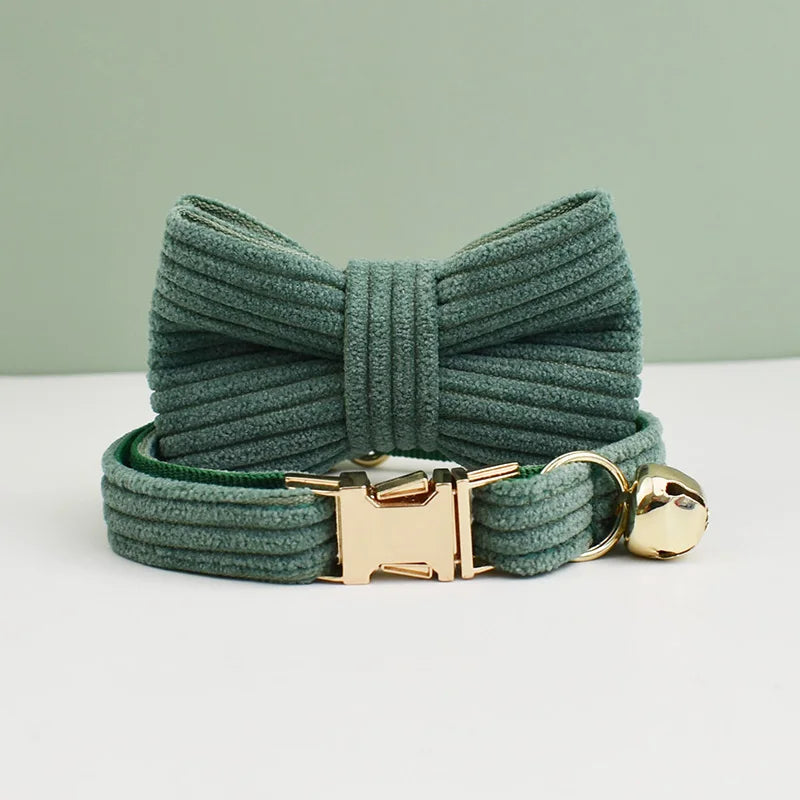 Personalized Corduroy Pet Collar with Bell & Bow Tie