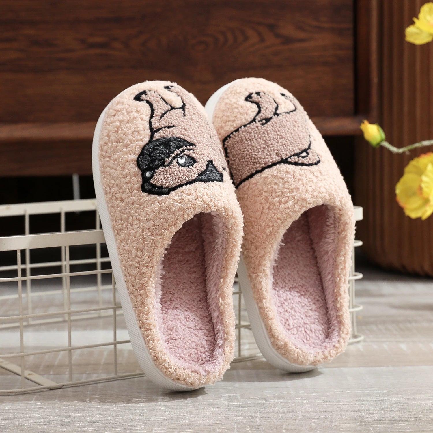 Pug Embroidered Plush Thick-Soled Indoor Slippers
