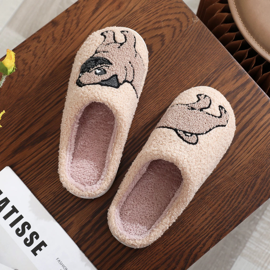 Pug Embroidered Plush Thick-Soled Indoor Slippers