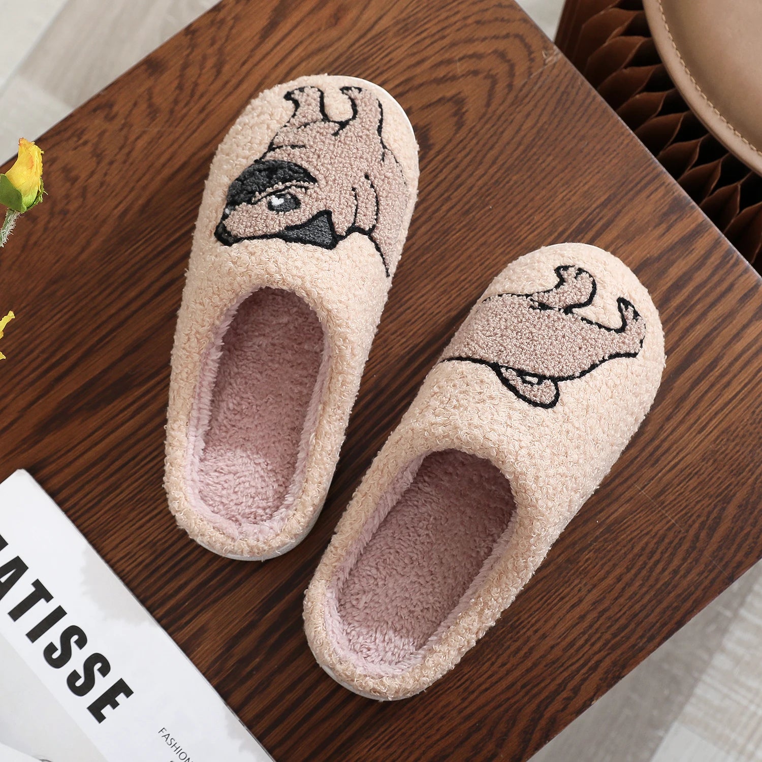Pug Embroidered Plush Thick-Soled Indoor Slippers