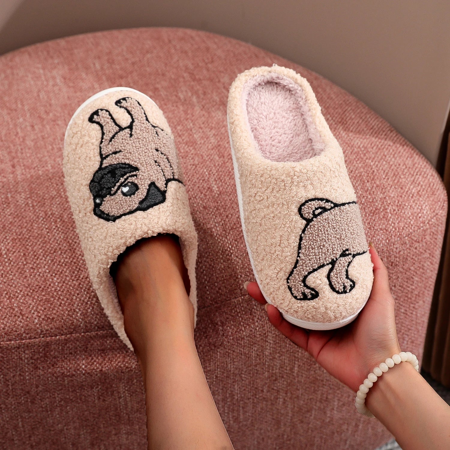 Pug Embroidered Plush Thick-Soled Indoor Slippers